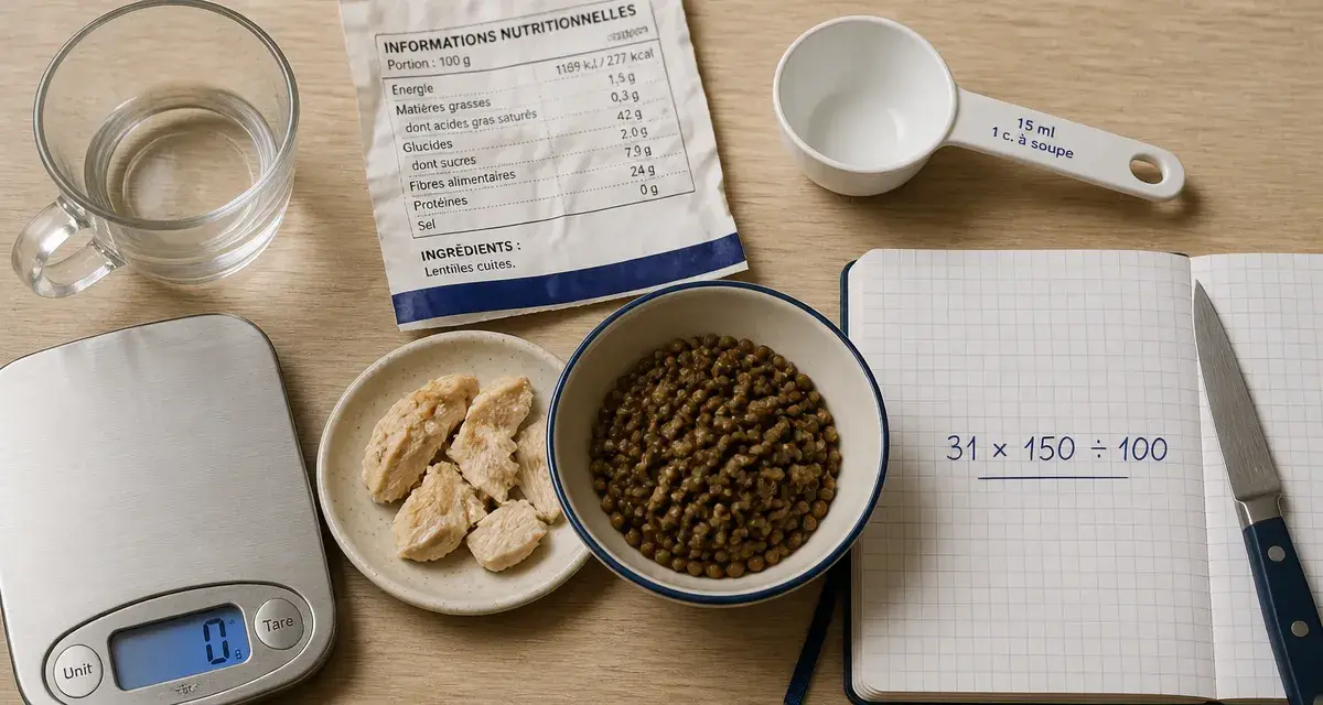 Calcul proteine par aliment cru et cuit, exemple lentilles et poulet