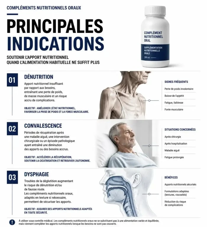 Infographie des indications médicales pour les compléments alimentaires hyperprotéinés
