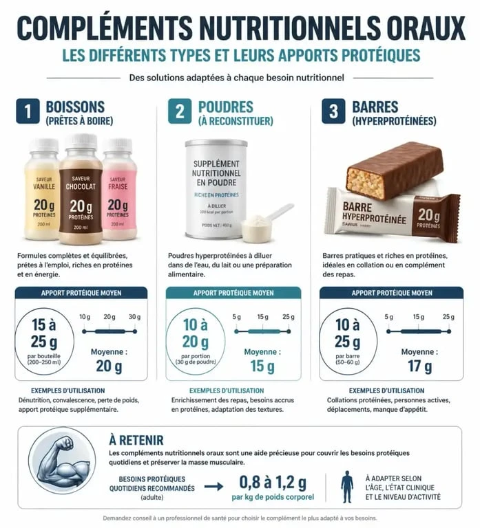 Infographie des types de compléments alimentaires hyperprotéinés en pharmacie et leurs apports