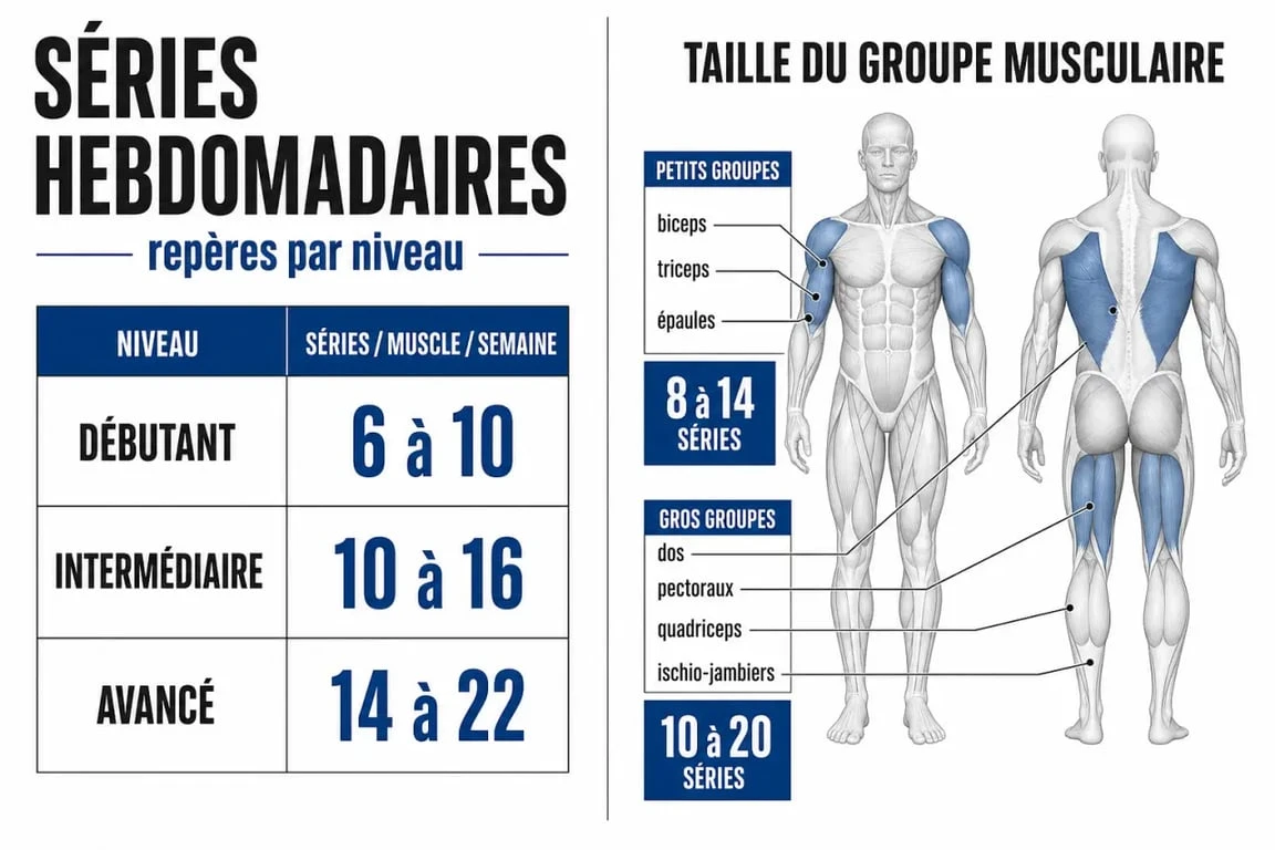 Combien de serie par muscle : tableau visuel des séries hebdomadaires recommandées selon le niveau et le groupe musculaire