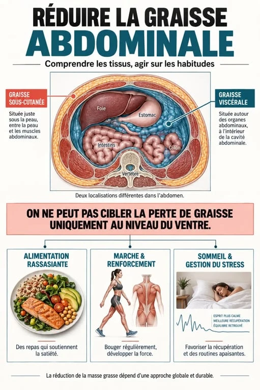 Infographie pour brûler les graisses du ventre : différence entre graisse viscérale et sous-cutanée et habitudes efficaces