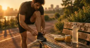 Courir avant ou apres manger : coureur attache ses chaussures, banane et eau sur banc