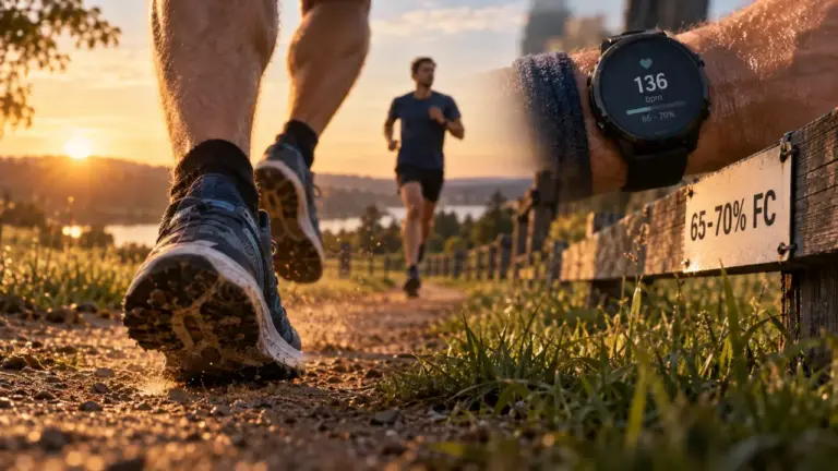 Fréquence cardiaque endurance fondamentale 65–70% FC max, montre cardio visible