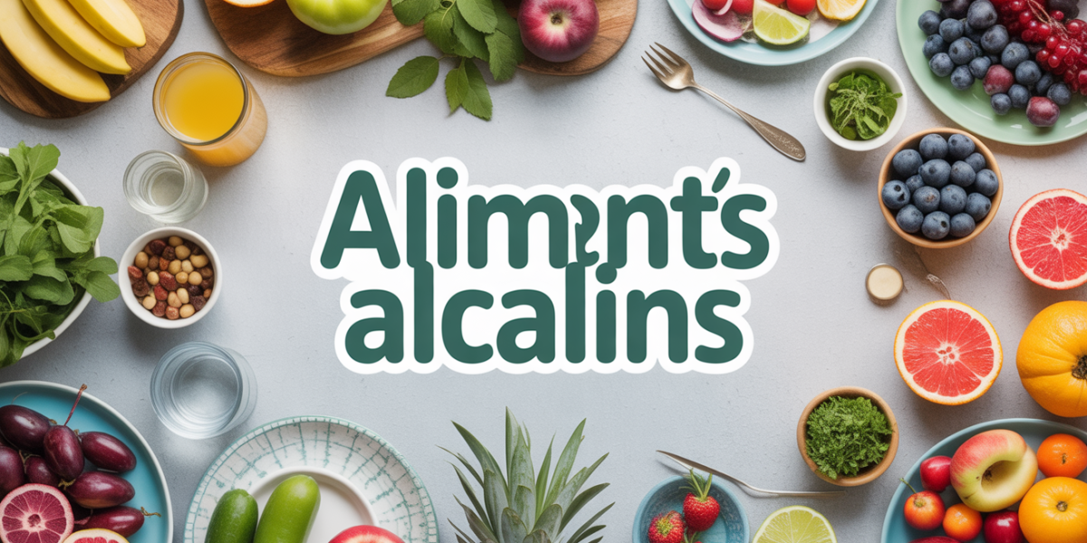 Grande table avec aliments alcalins fruits et legumes frais