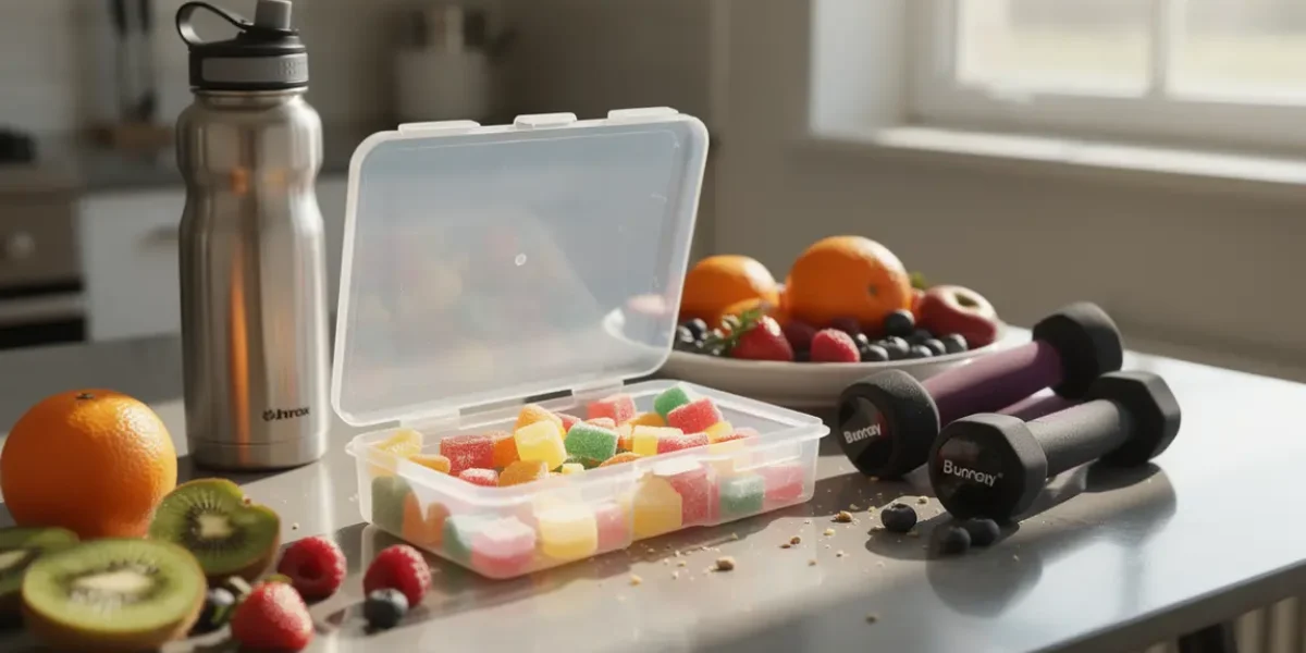 gummies colorés AlphaBites sur table ambiance sport