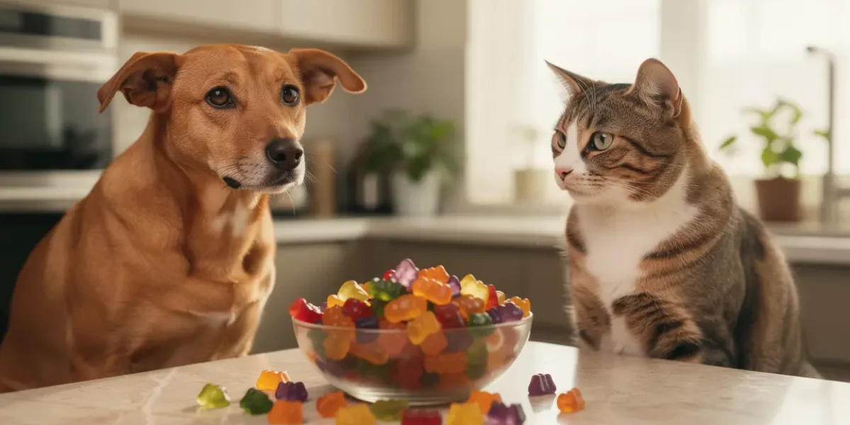 Chien et chat dynamique devant des gummies Animale Me