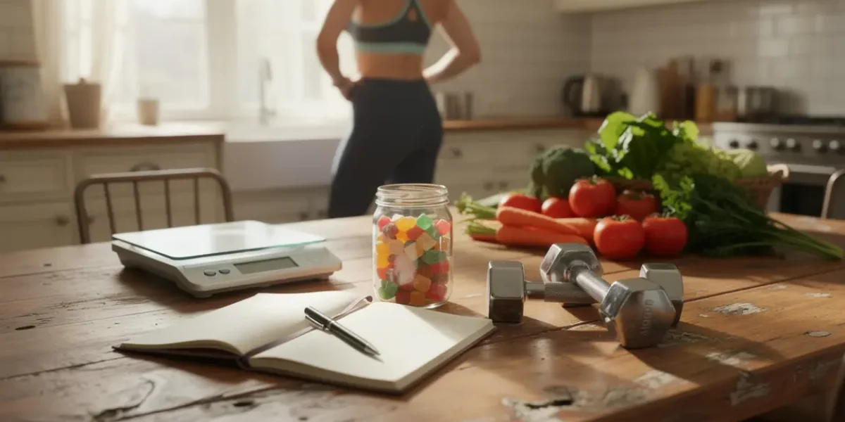 gommes BioXtrim, carnet, balance et légumes pour la perte de poids
