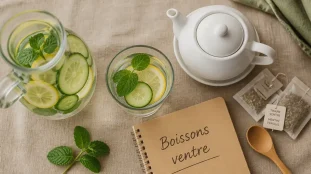 Boisson pour perdre du ventre : eau citron, menthe, concombre et tisane
