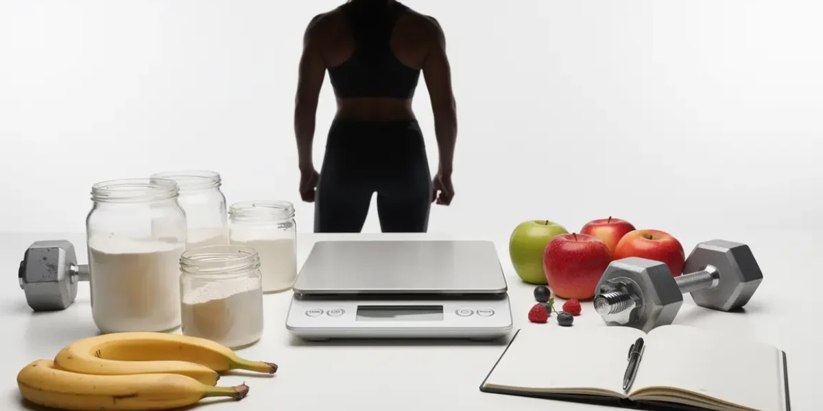 Balance, compléments, carnet d’analyse, fruits et haltères