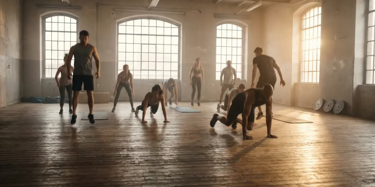 Groupe mixte enchainant des burpees dans une salle lumineuse