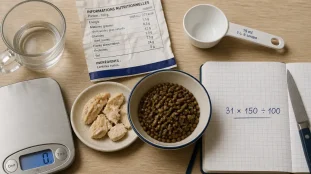 Calcul proteine par aliment cru et cuit, exemple lentilles et poulet