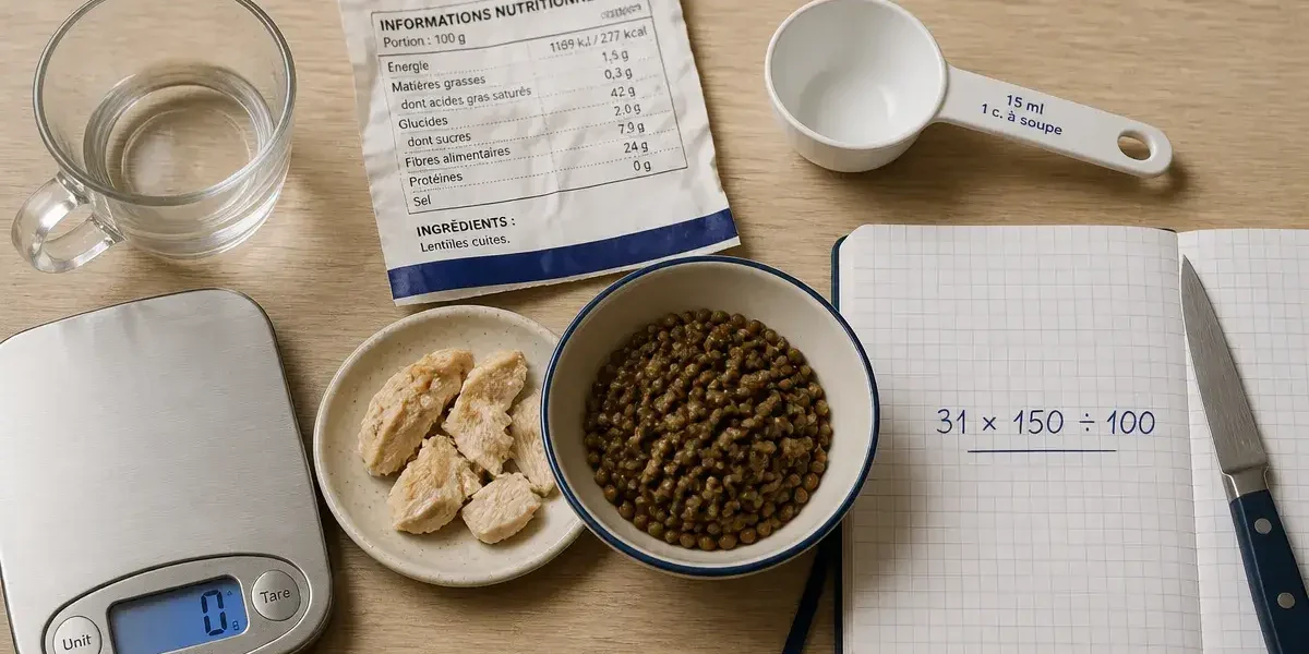 Calcul proteine par aliment cru et cuit, exemple lentilles et poulet