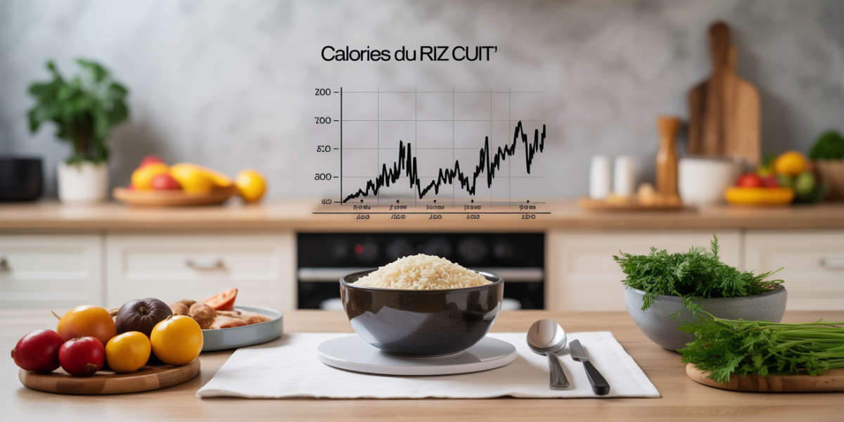 Bol de riz cuit sur balance graphique calories