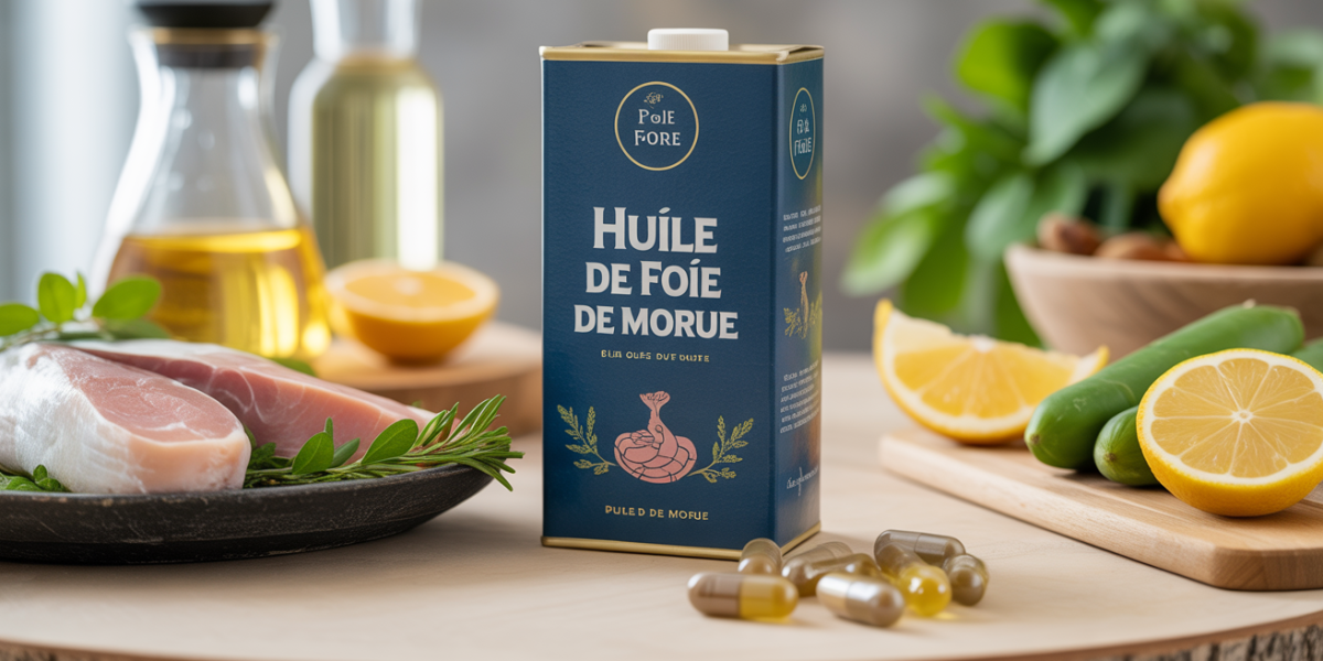 Capsules huile de foie de morue avec aliments sains sur table
