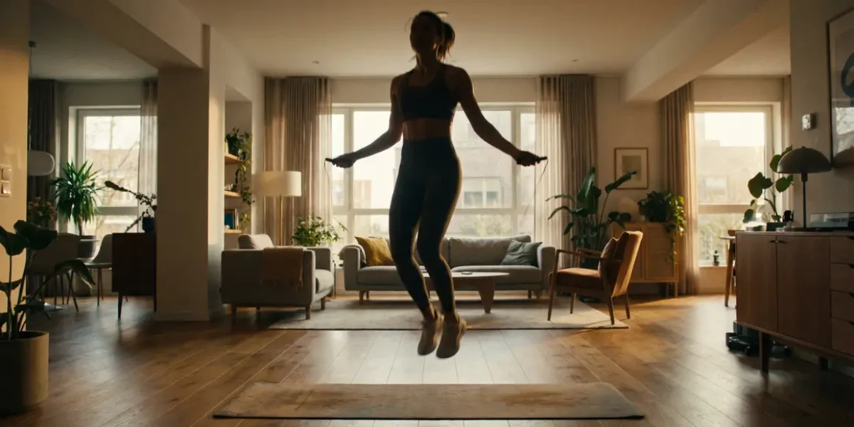 femme utilisant corde à sauter sans corde sur tapis fitness