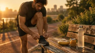 Courir avant ou apres manger : coureur attache ses chaussures, banane et eau sur banc