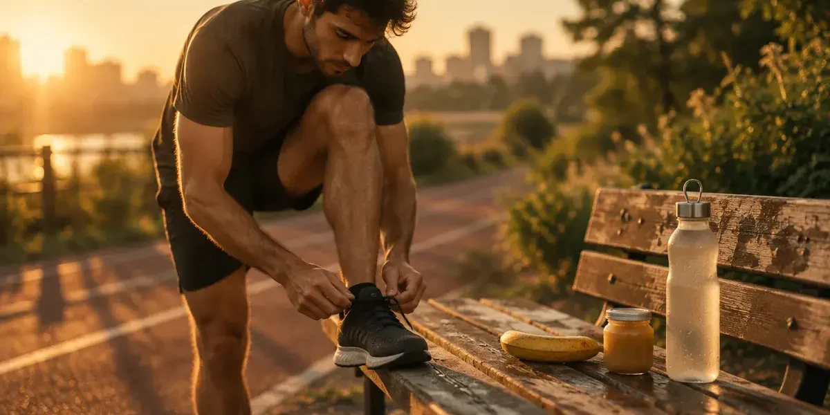 Courir avant ou apres manger : coureur attache ses chaussures, banane et eau sur banc