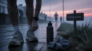 Courir le matin a jeun : baskets, montre et gourde, trottoir humide