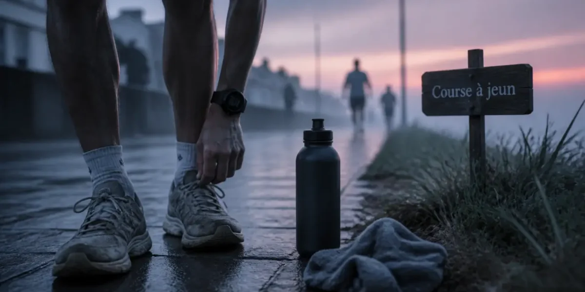 Courir le matin a jeun : baskets, montre et gourde, trottoir humide