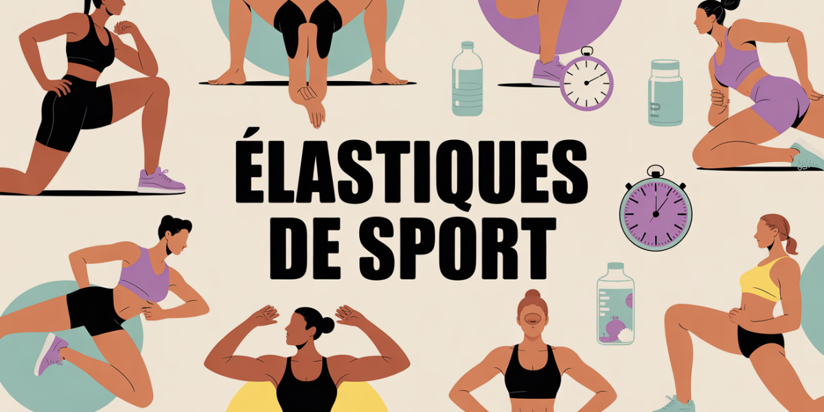 Elastiques de sport multicolores sur tapis avec haltère et bouteille