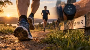 Fréquence cardiaque endurance fondamentale 65–70% FC max, montre cardio visible