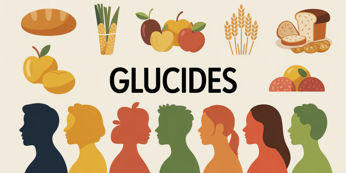 Illustration d'aliments riches en glucides avec pain, riz, fruits, barre céréales