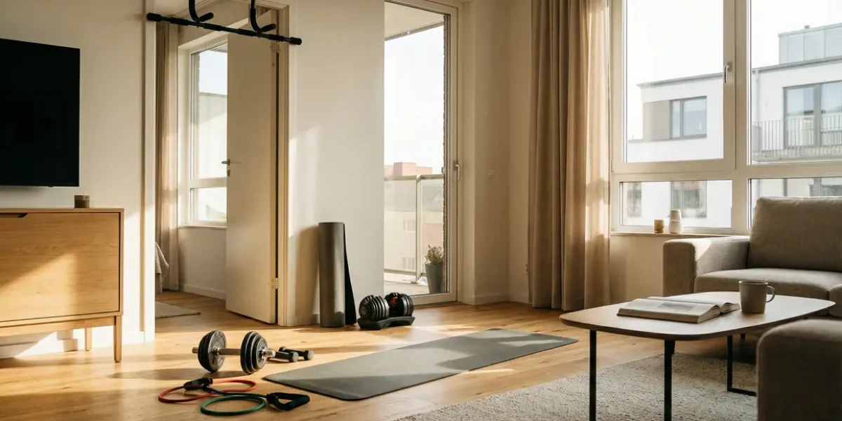 Espace musculation maison avec tapis haltères et barre de traction