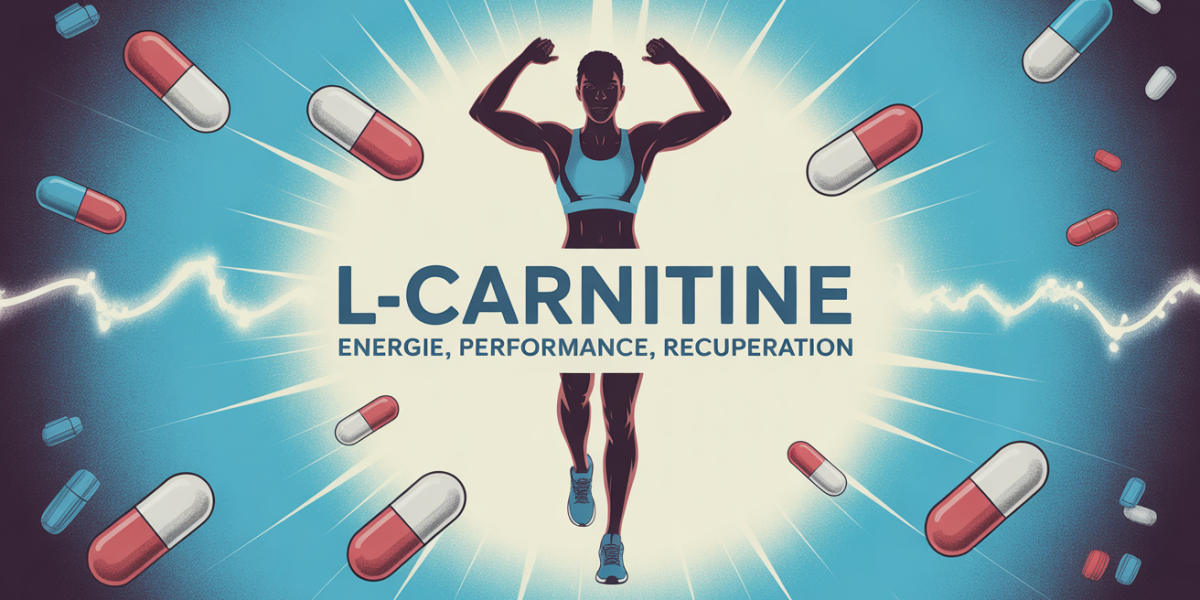 Silhouette athlétique, halteres et capsules L-carnitine sur fond lumineux