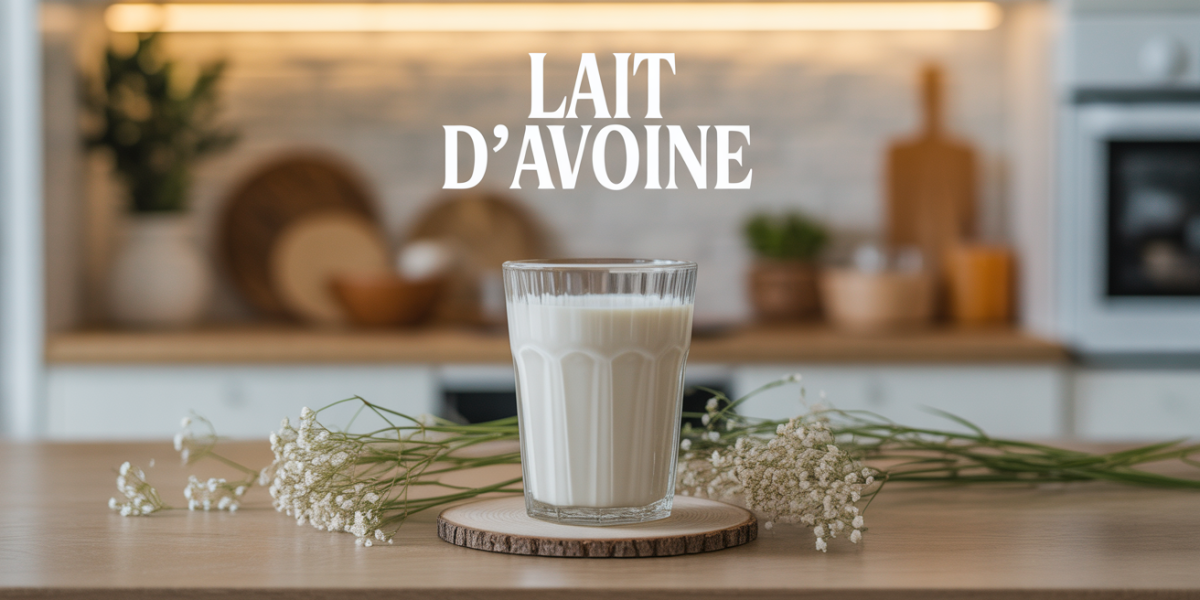 Verre de lait d'avoine sur table bois, flocons, santé et cuisine zen