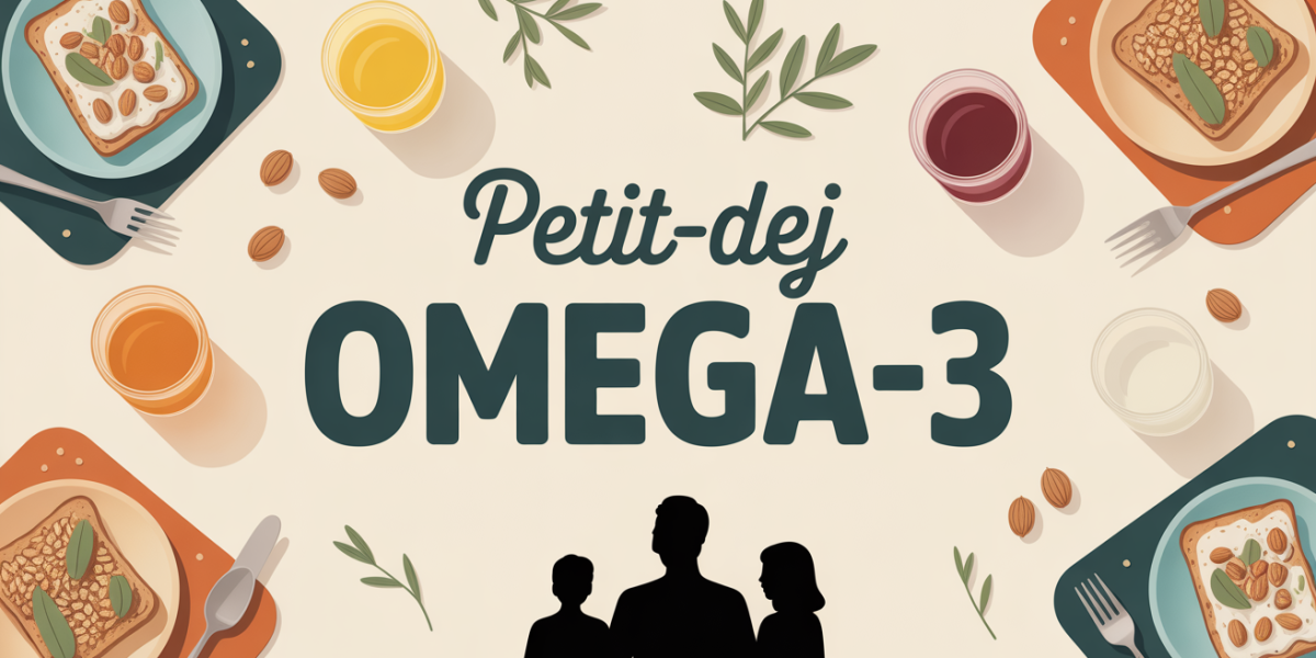Petit-déj Omega-3 avec boissons chaudes, tartines, noix et yaourt, famille à table