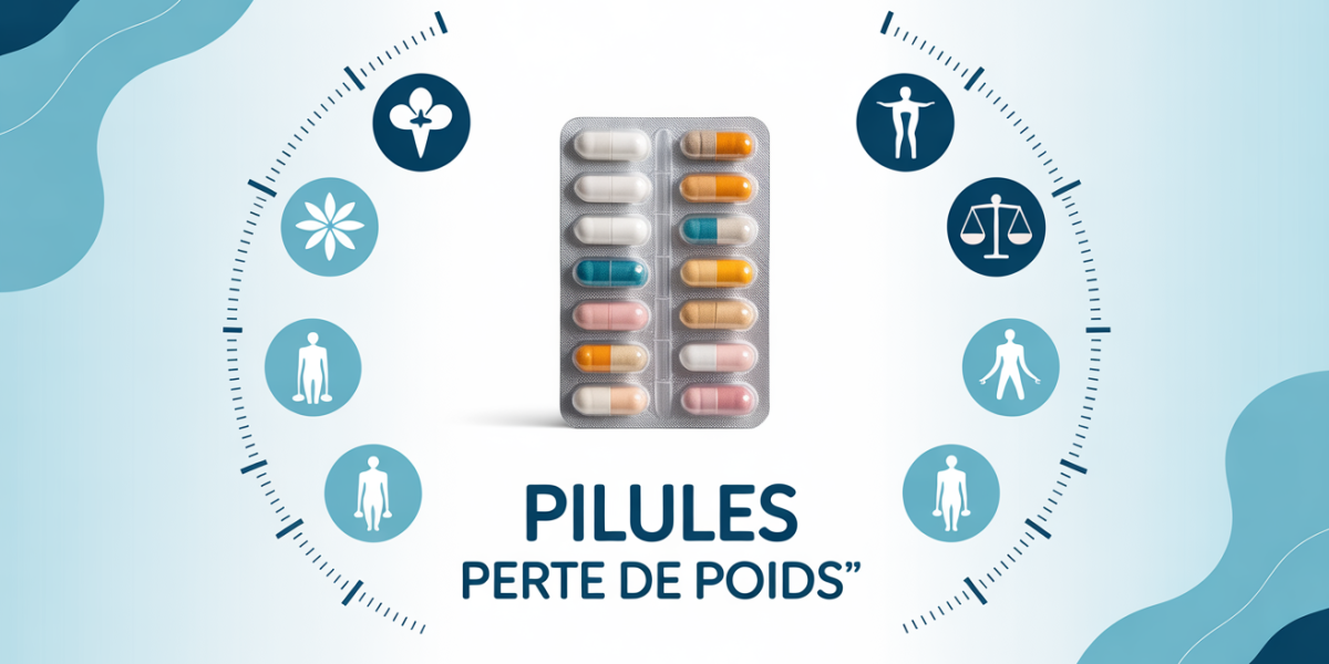 paquet pilules perte de poids sante balance silhouettes