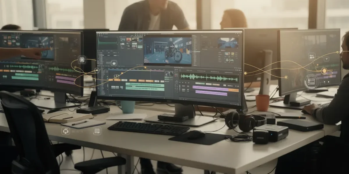 Espace de travail moderne plateforme collaborative audiovisuelle