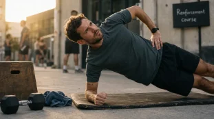 Renforcement musculaire course a pied : coureur en gainage planche latérale