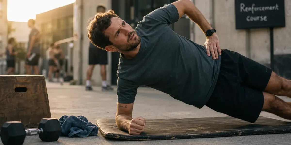 Renforcement musculaire course a pied : coureur en gainage planche latérale