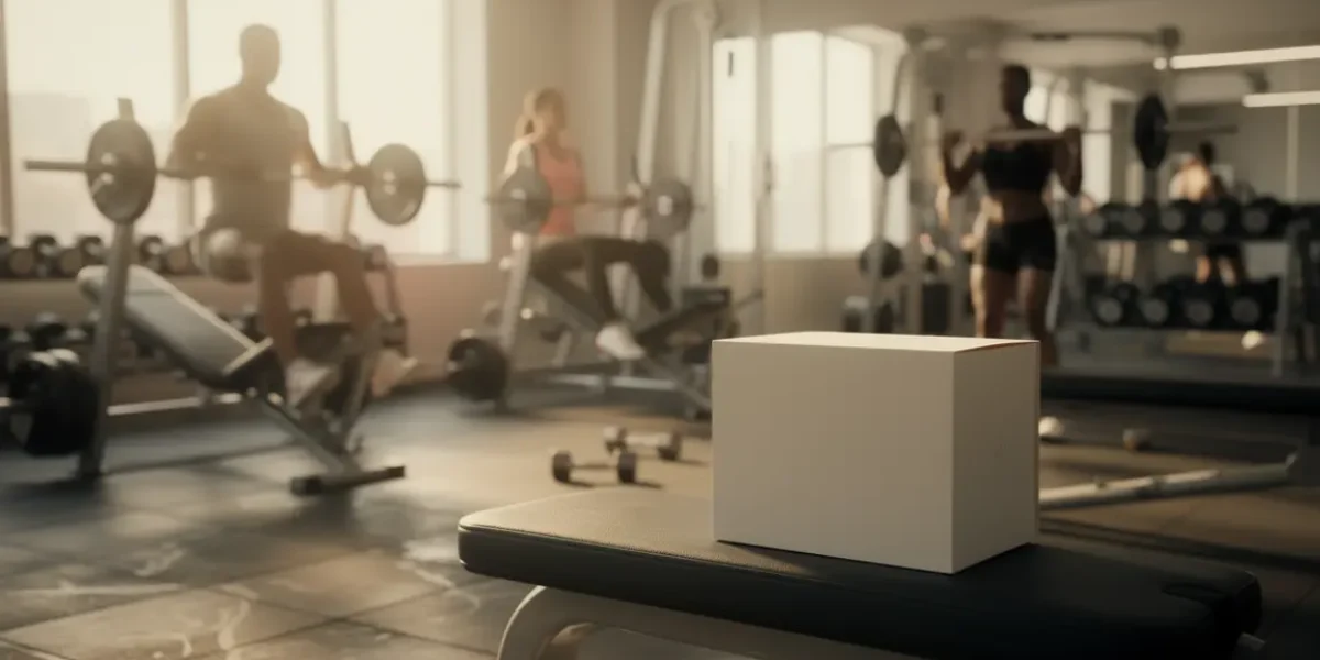 Salle de sport avec boite AlphaBoost en avant-plan