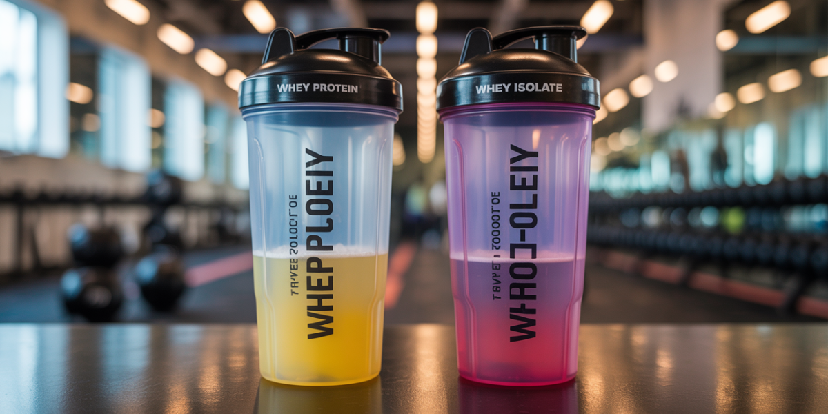 Deux shakers whey isolate et whey protein en salle de musculation